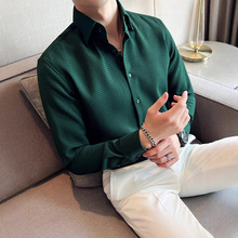 男士绿色衬衫长袖高级感2025新款华夫格高端寸衣男发型师修身衬衣