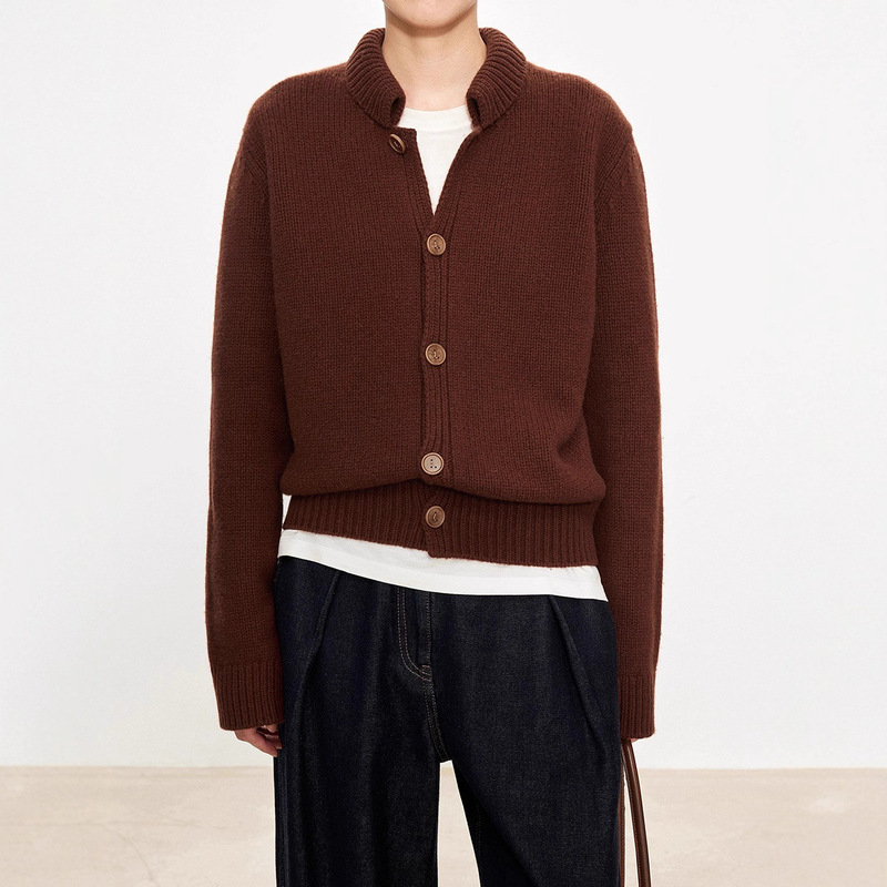 Joc British Style All-Wool Thick Stick Needle Retro Style Folded Small Stand-Up Collar Horn Button Jacket Cardigan