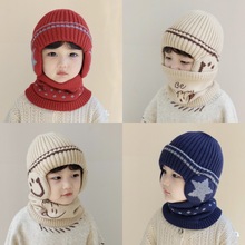 儿童帽子围脖二件套秋冬男童加绒护耳帽女童加厚保暖毛线宝宝套帽