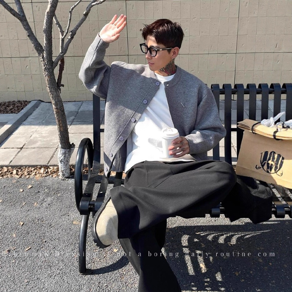 Old Money Style Solid Color Cardigan Baseball Collar Knit Sweater Jacket for Men, New Autumn Loose Casual Versatile Lazy Top