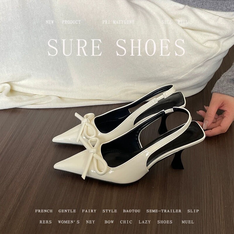 Slimming and elegant, closed-toe, open-back, sweet college-style design with beautiful bow, stiletto heel, pointed toe, height-increasing high-heeled sandals for women