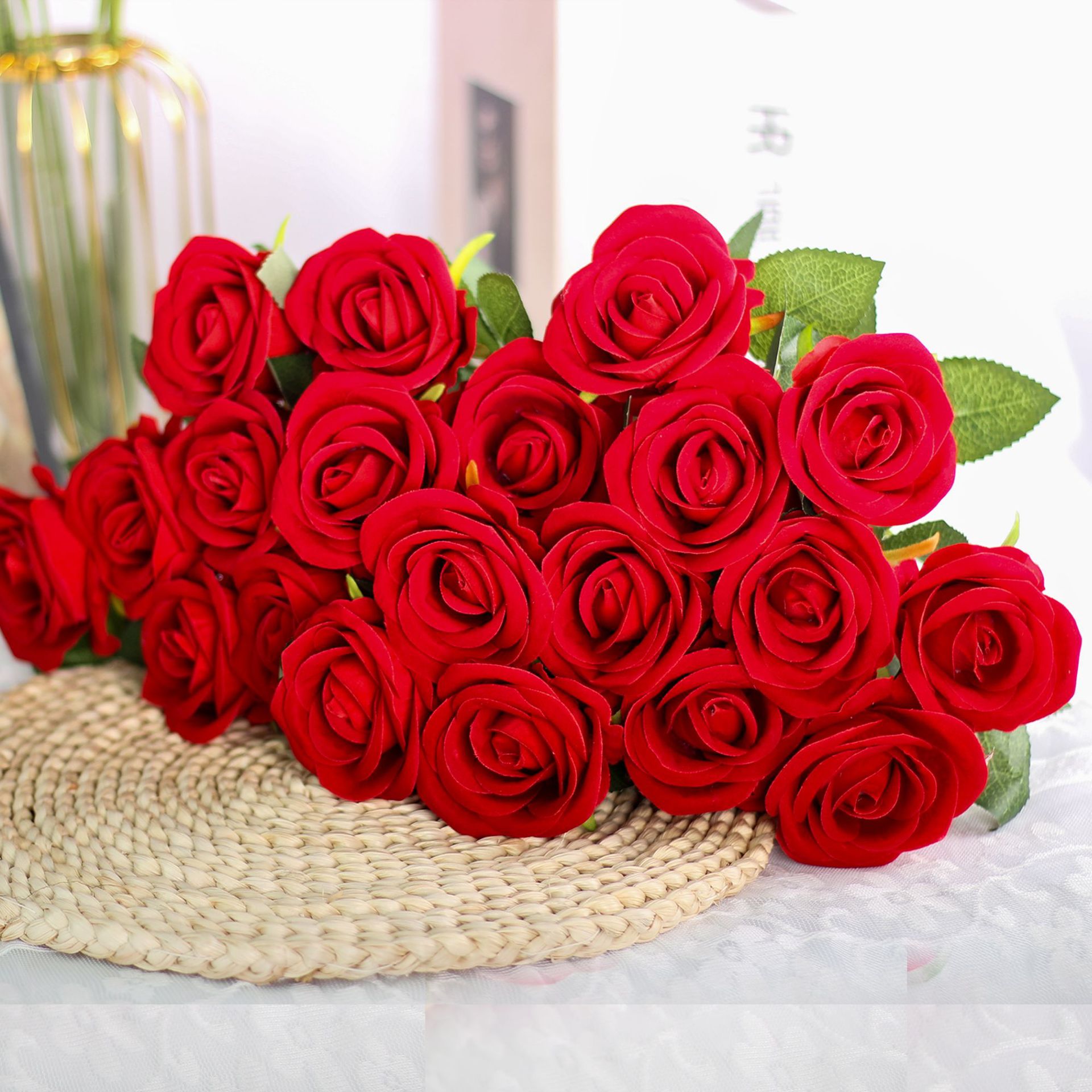 Franela de simulación transfronteriza rosa boda decoración del hogar rosa flor falsa ramo único accesorios adornos de rosas