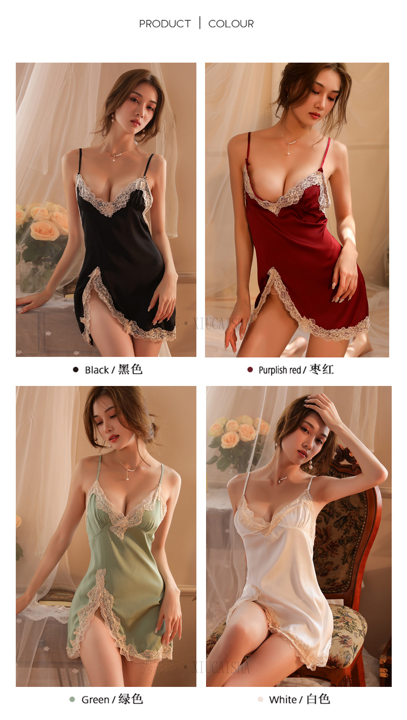 Lace Sling Babydoll Nightgown with Thong, Satin Blue One Size — detail image 6