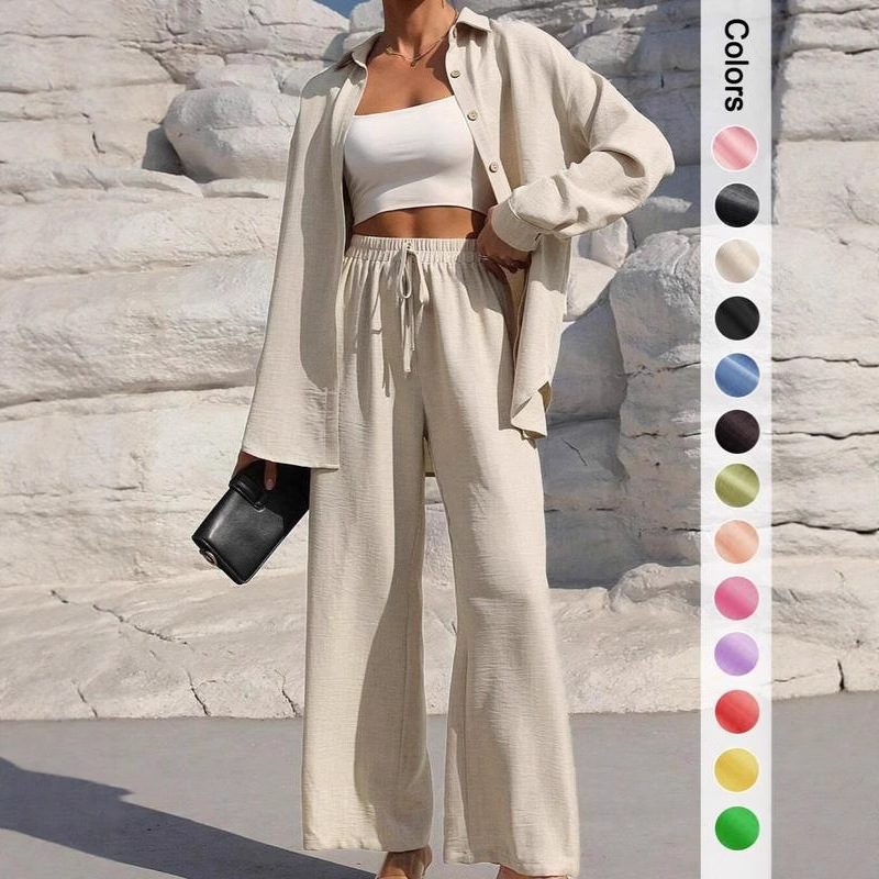 Cross-Border Foreign Trade Women's Clothing Amazon Tk Solid Color Long Cardigan and Pants Fashion Elegant New Women's Shirt Set