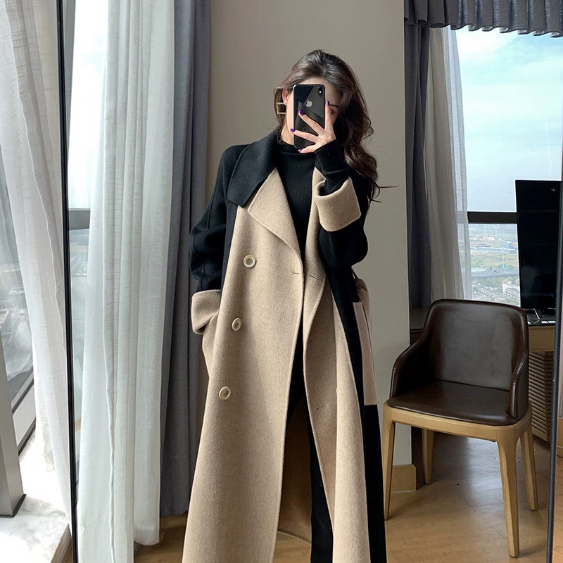 Шерстяное пальто, длинное женское зимнее пальто, Slim fit, цветной блок чёрного и бежевого