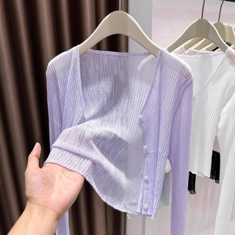 Thin Ice Silk Outerwear with Suspender Skirt, Sun Protection Blouse for Women, Summer Purple Slightly See-Through Air-Conditioning Shirt, Knitted Cardigan and Waistcoat