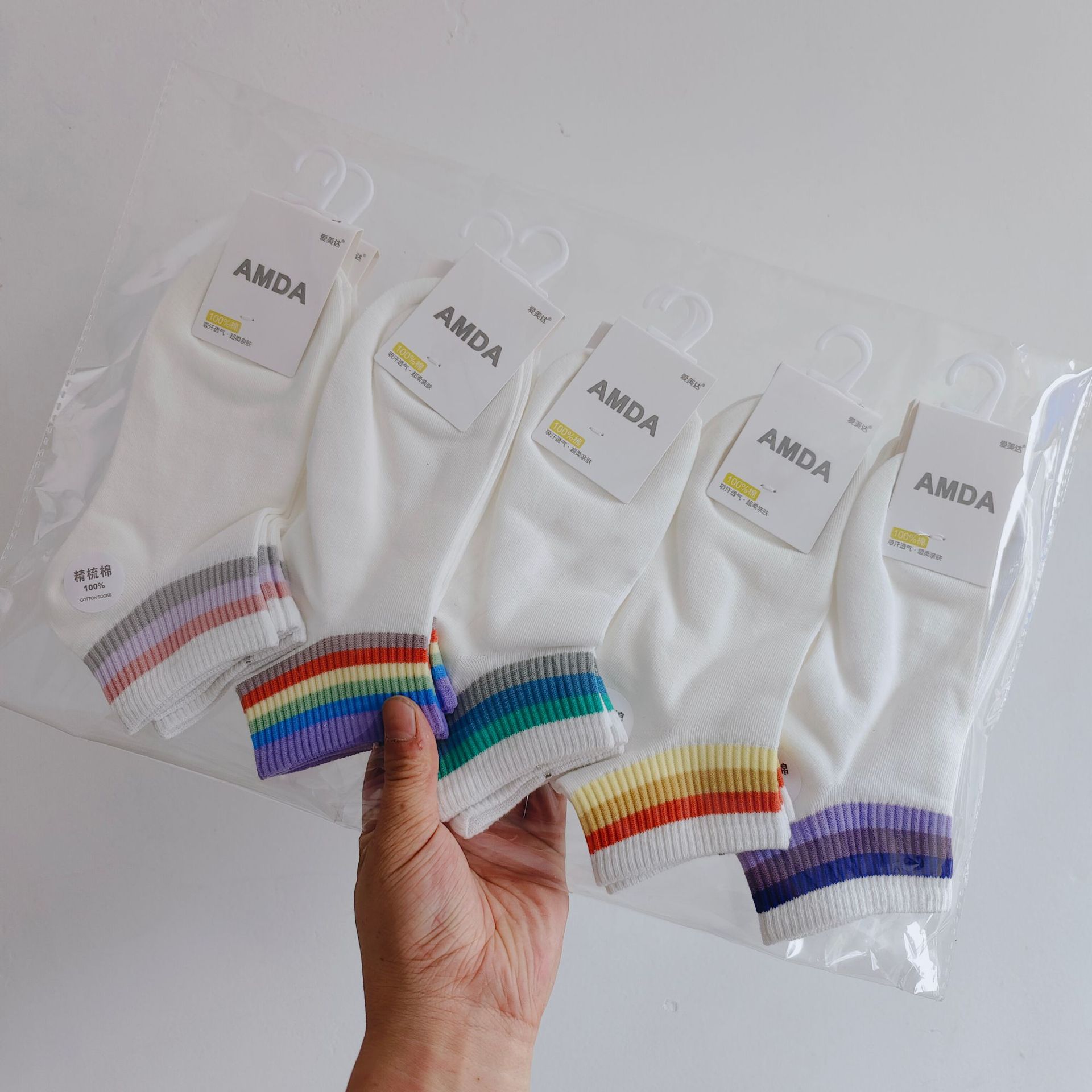 Aimida primavera y verano de las mujeres de algodón fino corto deportes barco Calcetines de moda fresco cómodo sudor-absorbente transpirable rayas finas