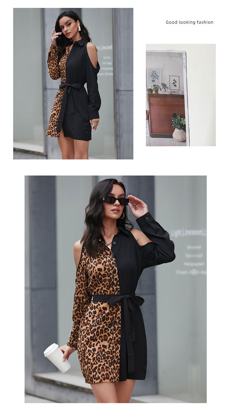 Lapel Off-Shoulder Leopard Color Matching Dress NSDMB95928