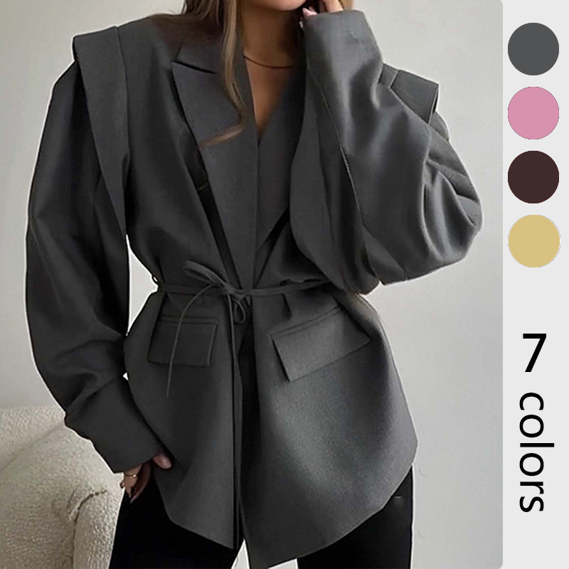 European and American Foreign Trade Women's Clothing Spring New Fashion Casual Solid Color Pleated Shoulder Pad Design Tie Belt Blazer