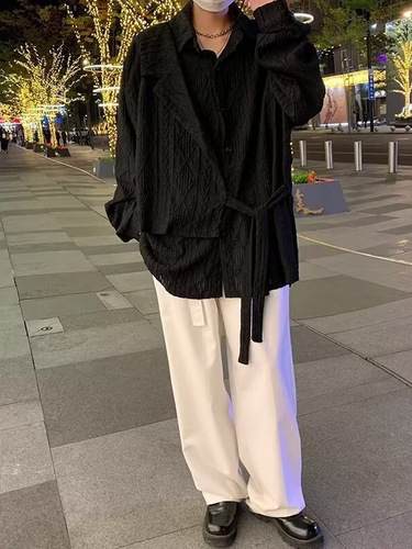 Retro Pleated Hollow-Out Jacquard Long-Sleeved Shirt for Women—Spring New Design, Textured, Niche Style, Loose-Fit Shirt with Ties