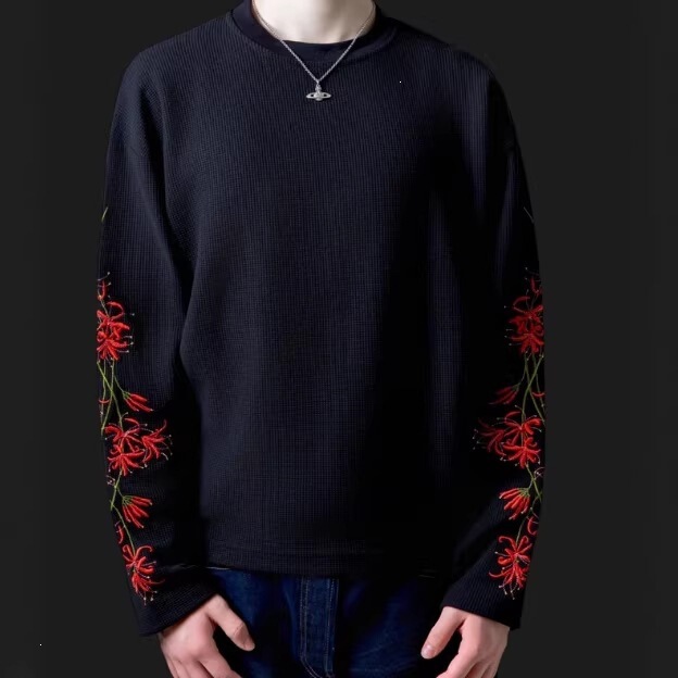 Y2K European and American Dark Style Spring New Floral Embroidered Long-Sleeved T-Shirts for Men and Women, Loose Round Neck Tops Wholesale