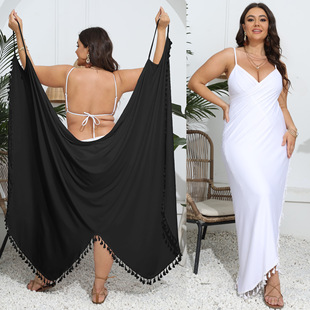 Cross-Border European and American Plus Size Women's One-Piece Beach Skirt Irregular Suspender Skirt Tassel Splicing Multi-Functional Dress
