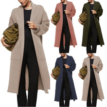 亚马逊女装新款欧美外贸针织衫跨境宽松大码中长款口袋开衫毛衣女