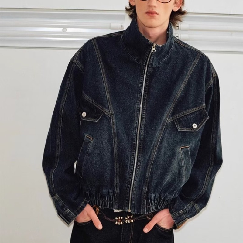 Washed Denim Jacket With Stand Up Collar For Men High Street Style_voghion.com