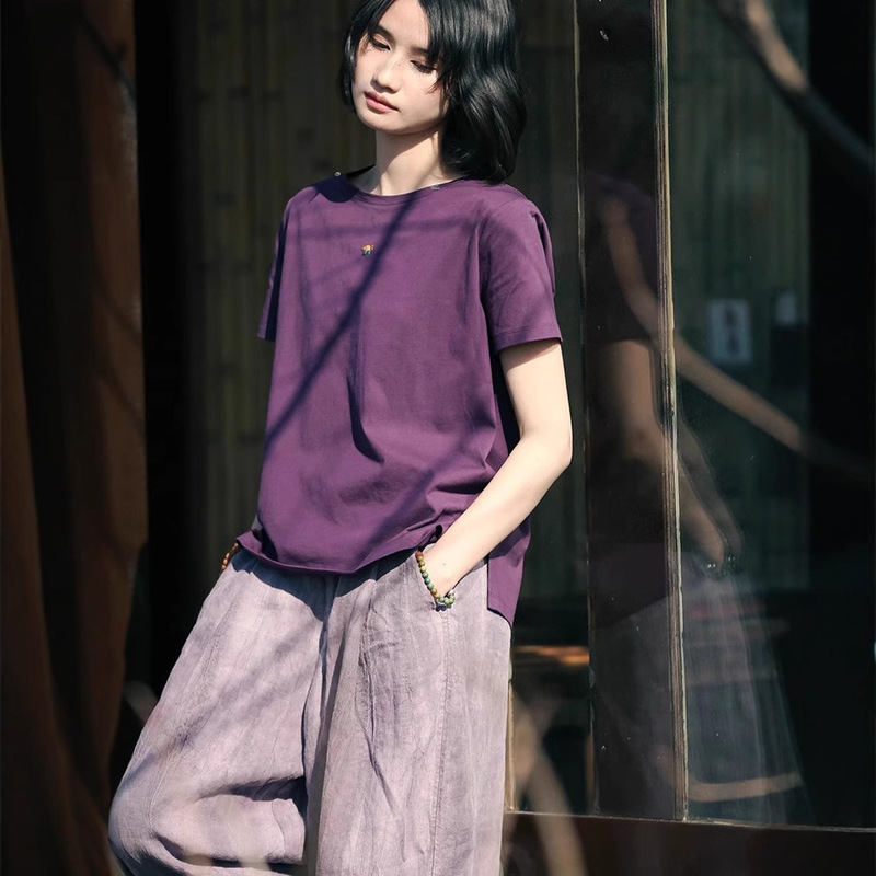 Pure Cotton Summer Short-Sleeved T-Shirt for Women, Cotton, Versatile, Embroidered, Soft and Light, Round Neck, Spring and Summer New Style 2025