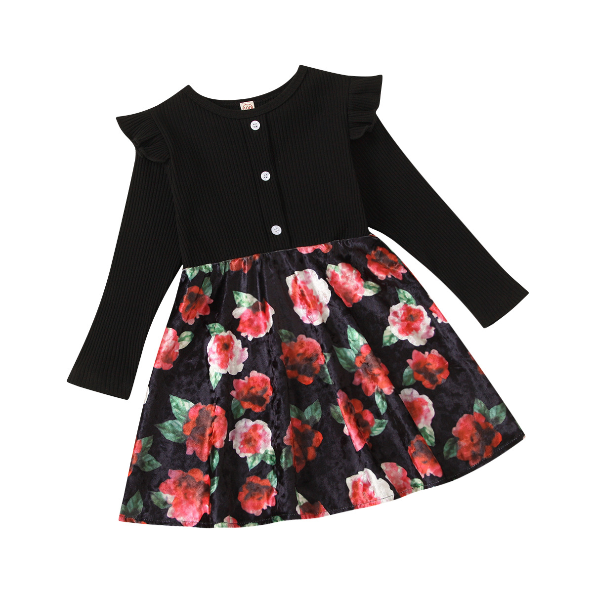 Printemps New GirlBlack Robe en velours imprimé à manches longues avec bande de fosse 1-6Y