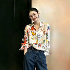 大码女装长袖衬衫2026年秋季印花涂鸦纽扣休闲度假上衣跨境亚马逊