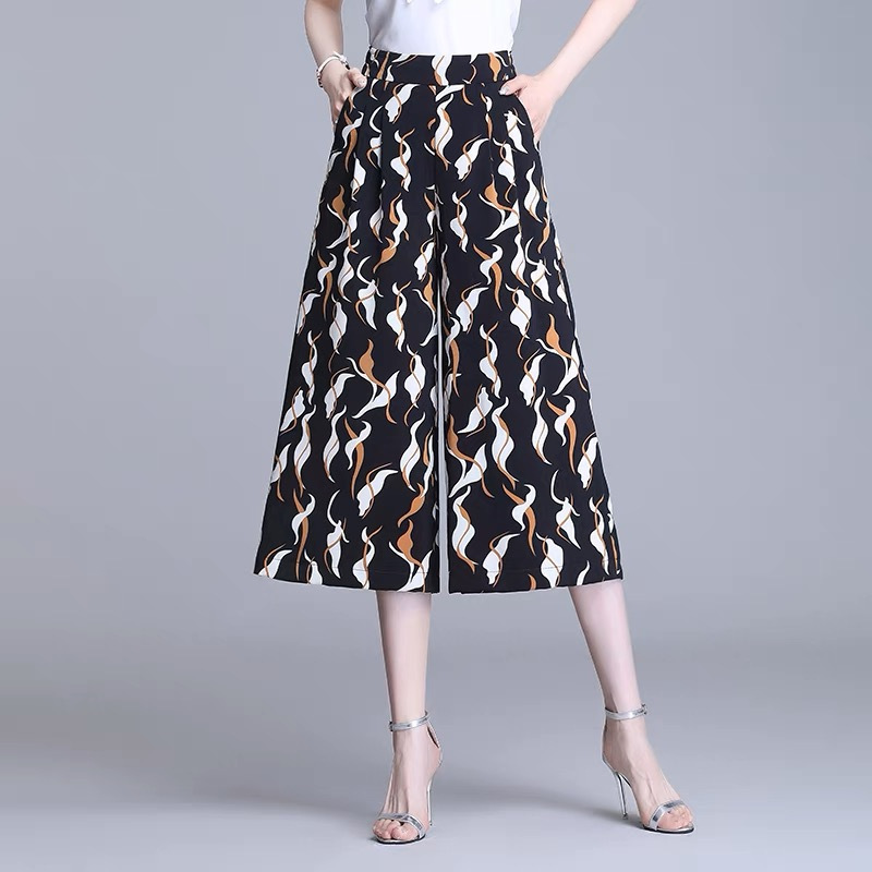 2024 Summer New Chiffon Wide Leg Pants High Waist Large Size Wide Wife Elegant Culottes Women's Capri Wide Leg Pants Pants