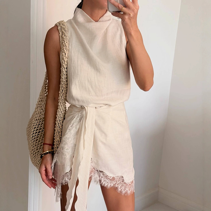 European and American Cross-Border Women's Clothing 2026 Summer New Style Elegant Half-High Collar Sleeveless Top Lace Trim Skirt Set European and American Cross-Border Women's Clothing 2026 Summer New Style Elegant Half-High Collar Sleeveless Top Lace Trim Skirt Set