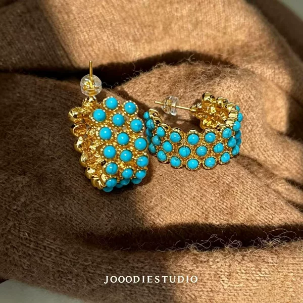 Vintage High-End Turquoise C-Shaped Hoop Earrings 18K Gold French Fashion Style New Exaggerated Ear Jewelry