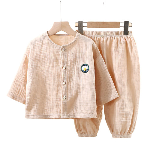 Children's thin double-layer cotton gauze pajamas summer girls' home clothes boys' long-sleeved lantern pants set 