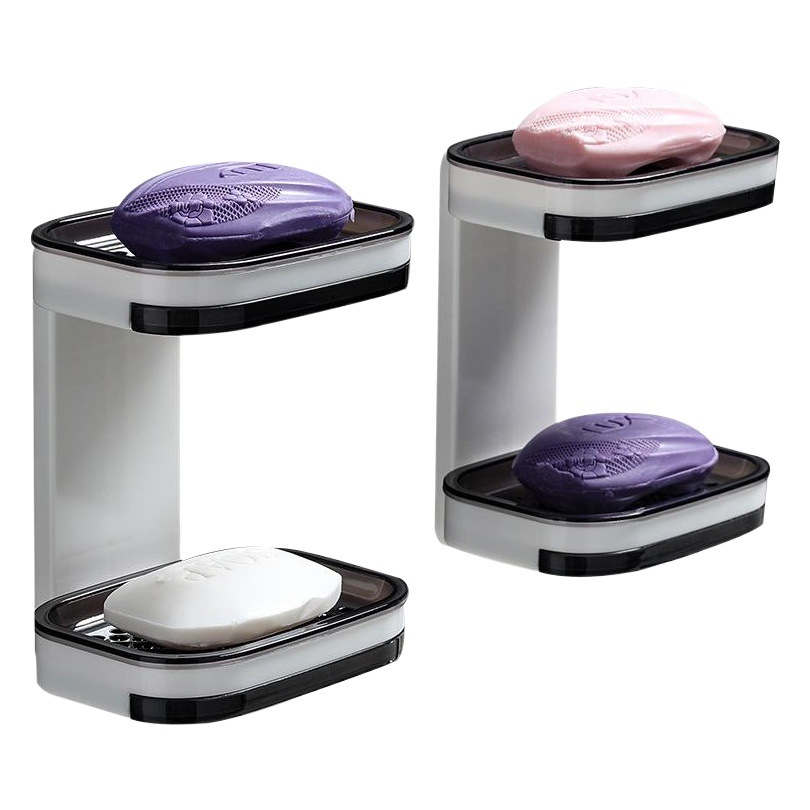 Caja de jabón Ventosa sin perforaciones Caja de jabón de drenaje de doble capa montada en la pared Soporte de jabón para el hogar Caja de jabón de baño Estante de almacenamiento