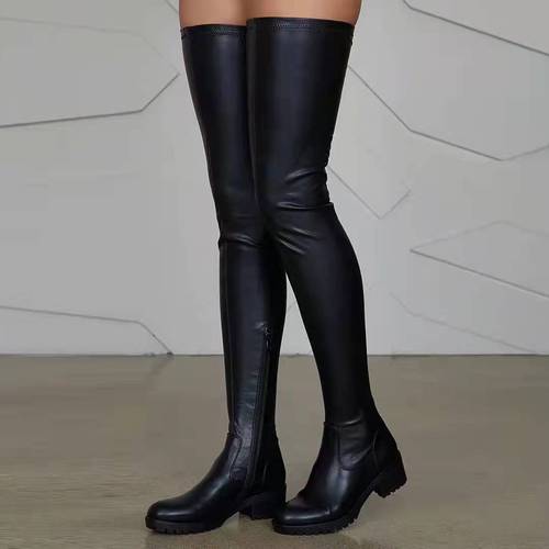 Women's Over-the-Knee Boots with Elastic Leather Winter European and American Style High Heel Long Boots with Thick Heels European and American