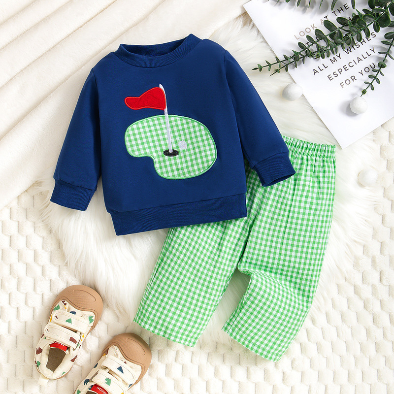 Foreign Trade Spring and Autum Kidsren's Autum Clothing Boys' Golf Embroidered Long-Sleeved Sweatshirt + Plaid Pants Suit Factory Direct
