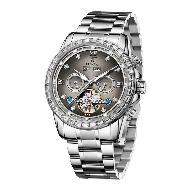 Đồng hồ nam automatic lộ máy dây thép — Xám mặt bạc vỏ bạc dải thép, Dải thép Intergold, Dải thép đen vỏ bạc, Hồng Shell Green Side thép dải