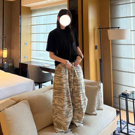 夏季格纹迷彩裤宽松抽绳工装长裤休闲百搭美式潮流