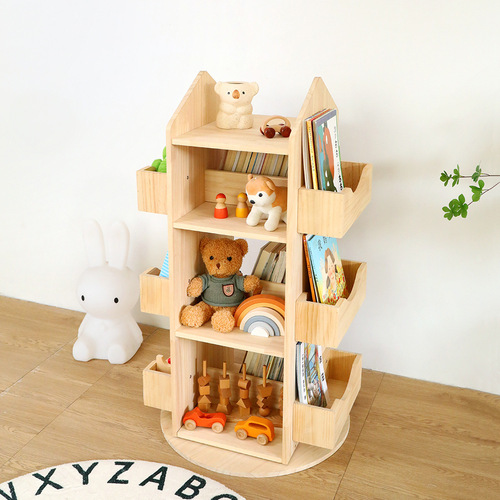 Child Rotating Bookshelf 360 Degrees Bookcase, Moveable Solid Wood Eco-Friendly Student Book Picture Book Storage Rack