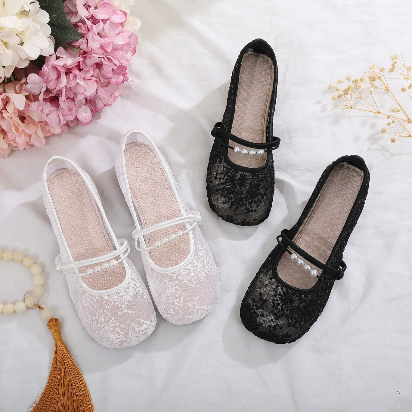 Нежный летний новый зеленый цветок вышитая сетчатая ткань балет обувь на плоской подошве с круглой головой и мелким ртом Мэри Джейн обувь