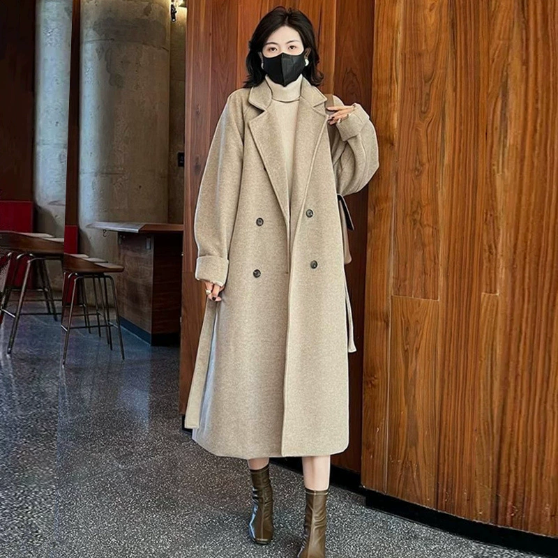 Woolen coat, demi-season fashionable long jacket, Korean style, western style, mid-length, increased thickness
