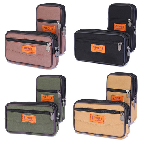 New canvas zippered belt waist bag running mobile phone waist bag construction site stall cross-border men's and women's wallet mobile phone bag