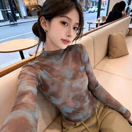 扎染辣妹薄款网纱显瘦冰防罩衫长袖T恤女韩版复古设计印花ins上衣