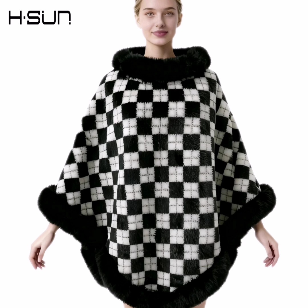 2024 otoño e invierno cuello de piel irregular a cuadros capa de contraste capa chal de mujer más capa de lana capa de terciopelo