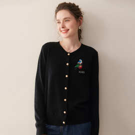 26早春新款文艺羊绒开衫女圆领百灵鸟刺绣百搭温柔气质针织衫外搭