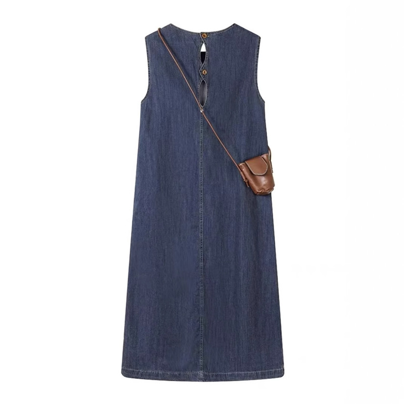 Elegant Retro Denim Round Neck Korean Style dress Summer Xiaozhong Gentle Sleeveless Loose Slimming Denim Long Dress for Women