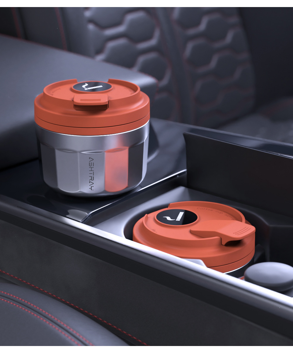 Low-profile car ashtray with lid, stainless steel interior, high-end car ashtray, in-car ashtray, anti-ash flying