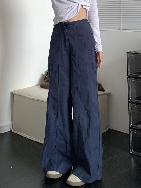 西蒙莱纳小个子美式复古工装阔腿牛仔裤女垂感高腰宽松显瘦直筒|undefined