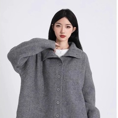 韩版复古高领灰色开衫毛衣女秋冬翻领宽松慵懒风针织上衣薄外套女