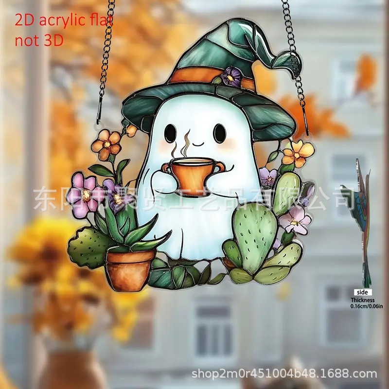 跨境新品万圣节可爱鬼魂太阳捕手小幽灵2D平面亚克力节日氛围挂饰|undefined