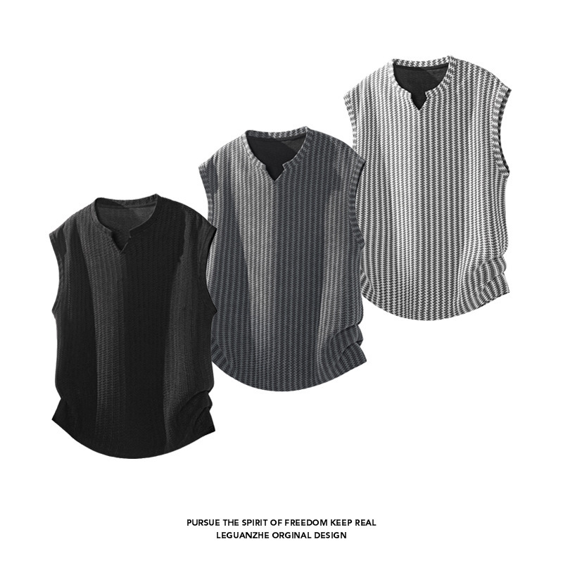 Fishbone Pattern V-Neck Vest for Men, Summer Breathable Striped Design, Trendy Cool Sleeveless T-Shirt, Sports Tank Top