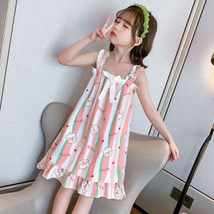 Girls' Nightgown, Kidsren's Suspender Skirt, Pajamas, Women's Summer Bubble Cotton, Medium and Large Kidsren's Princess Little Girl's Pajamas, Home Clothes