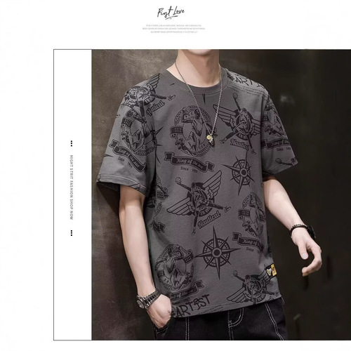 High-end summer loose short-sleeve half-sleeve Korean-style new street men's fashion cross-border graffiti t-shirt trendy