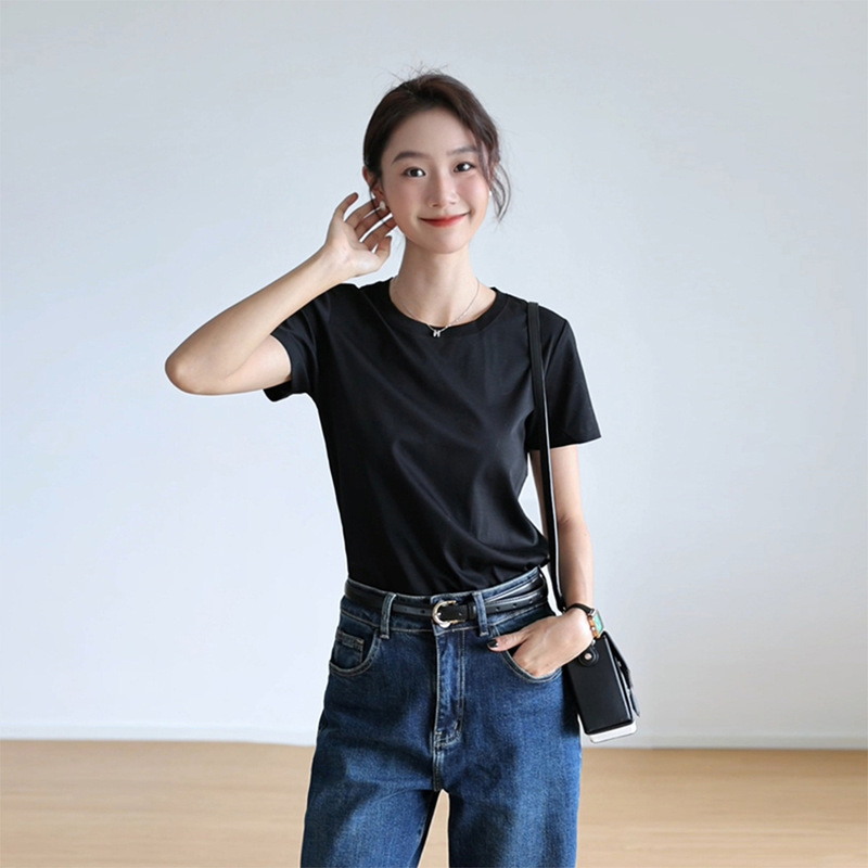 简约通勤丝光棉T恤女短袖高级感100%棉气质修身纯色圆领打底上衣|undefined
