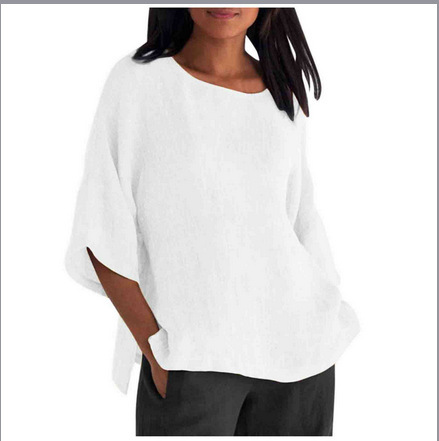 Shipment on the same day 2025 wisheaby Amazon new foreign trade women's seven-sleeve round neck cotton linen shirt top