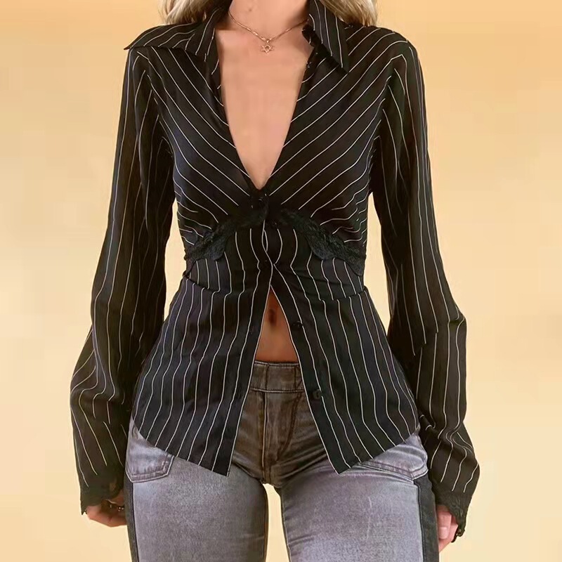 2021 European and American Style Export Fashion Women's Street Sexy Retro Stripesd Lace Splicing Shirt Women's Fashionable Elegant