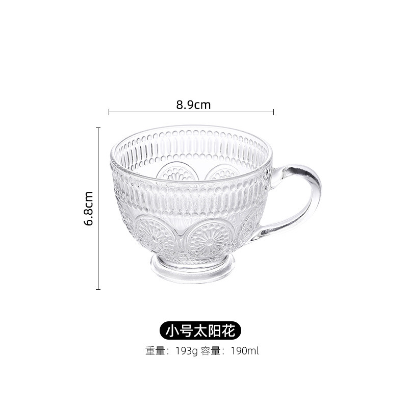 Hogar nórdico retro relieve flor del sol taza de café leche desayuno taza de vidrio gran capacidad con mango taza de té