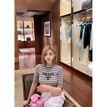 南油高端精品女装半中袖针织条纹短袖上衣字母刺绣修身百搭优雅风